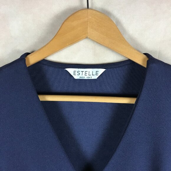 ESTELLE Indigo Structured Crepe Faux Wrap Sheath Dress SMALL - Picture 4 of 10